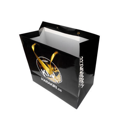 Custom Printed Black Paper Euro Tote Bags With Satin Ribbon Rope Gold Foil Logo